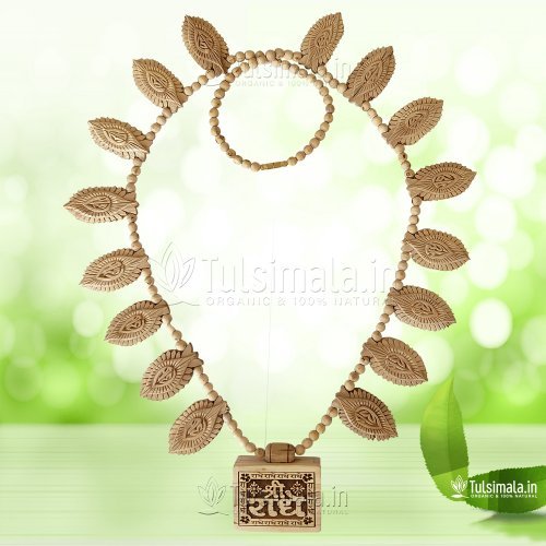 Custom Design Shri Radhe Bhaktmal Radha Carved Leaf Tulsi Locket Mala
