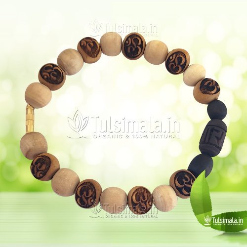 Pure Tulsi Bracelet Om and Radha Carved Tulsi Round