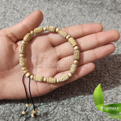 Shri Radha Carved Beads Bracelet Original Tulsi Beads 8mm Beads, Standard Size with Adjustable Thread