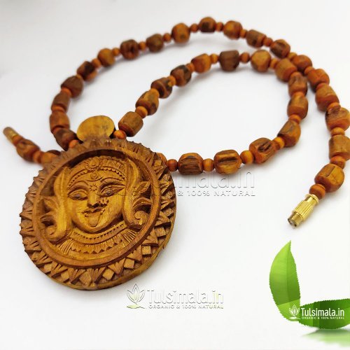 Shri Kali Mata Locket Design Mala, Original Tulsi Beads Mala Design in Golden Color Beads Locket Size 2.25x2.25 Inches Round Shape