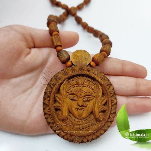 Shri Kali Mata Locket Design Mala, Original Tulsi Beads Mala Design in Golden Color Beads Locket Size 2.25x2.25 Inches Round Shape