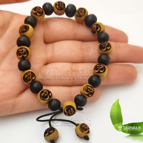 Om  Written Original Tulsi Beads Bracelet with Flexible Tread