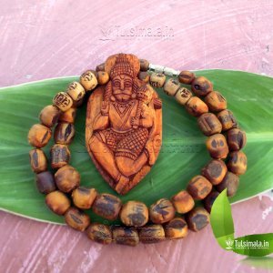 Handmade Design Tulsi Big Locket Mala Shri Hanumanji With 12mm Original Tulsi Beads In Dark Yellow Color Mala Full Length 24 Inches , Actual Picture Shown - Locket Size- 3 x 2 Inches