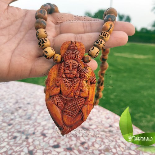 Handmade Design Tulsi Big Locket Mala Shri Hanumanji With 12mm Original Tulsi Beads In Dark Yellow Color Mala Full Length 24 Inches , Actual Picture Shown - Locket Size- 3 x 2 Inches