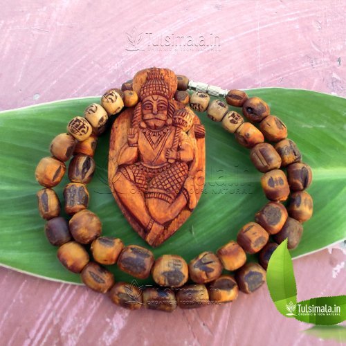 Handmade Design Tulsi Big Locket Mala Shri Hanumanji With 12mm Original Tulsi Beads In Dark Yellow Color Mala Full Length 24 Inches , Actual Picture Shown - Locket Size- 3 x 2 Inches