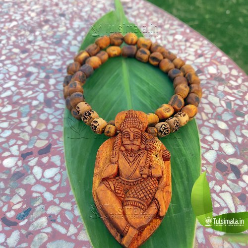 Handmade Design Tulsi Big Locket Mala Shri Hanumanji With 12mm Original Tulsi Beads In Dark Yellow Color Mala Full Length 24 Inches , Actual Picture Shown - Locket Size- 3 x 2 Inches