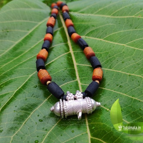 Pure Silver Kavach Tulsi Mala with Black and Golden Beads 7mm Bead Size