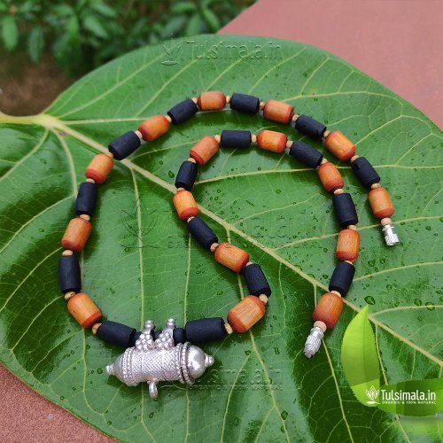 Pure Silver Kavach Tulsi Mala with Black and Golden Beads 7mm Bead Size