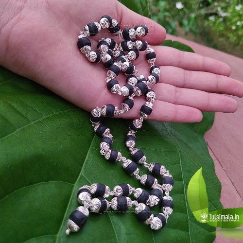54+1 Beads Pure Silver Cap Original Tulsi Mala Balck 8mm