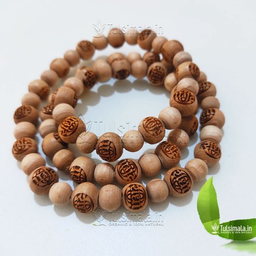 Premium Quality Tulsi Beads Single Round Shri Radha Name Carving Beads 8mm Kanthi Mala for Men and Women Mala Total Length 18 Inches