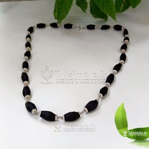 Silver Tulsi Mala - Original Tulasi Mridangam Shape Beads Black 6mm