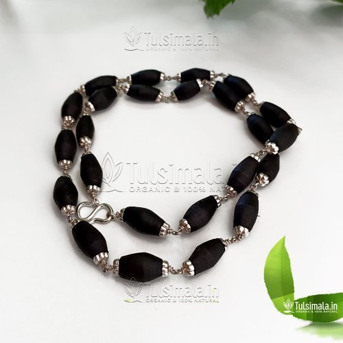Silver Tulsi Mala - Original Tulasi Mridangam Shape Beads Black 6mm