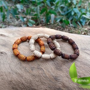 Combo Pack Three Bracelets in Original Tulsi Radha Engarved Beads Dark Brown, Golden and, Natural