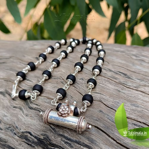 Silver Mala Narasimha Kavacha with Shyama Tulsi 8mm Beads