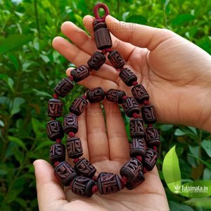27+1 Original Tulsi Japa Mala Radha carving Handmade Barrel Beads Dark Brown