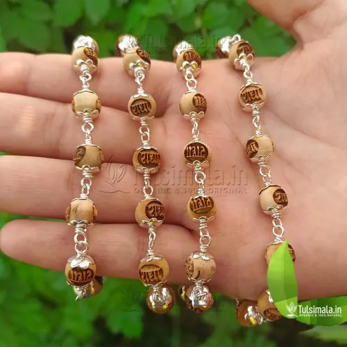 54+1 Shri Radha Written Tulsi Beads with Pure Silver Capping 8mm Bead