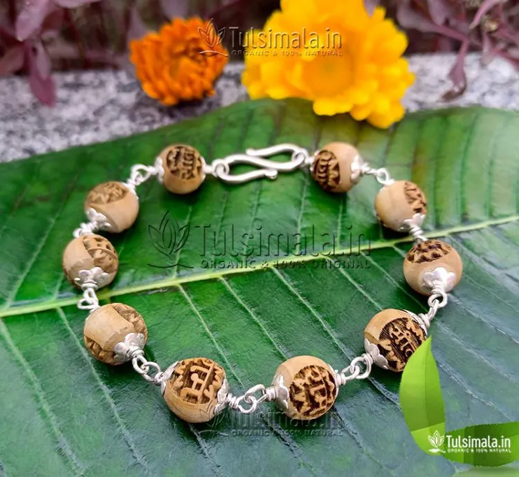 92.5% Pure Silver Sri Ram Written Original Tulsi 10mm Beads Bracelet