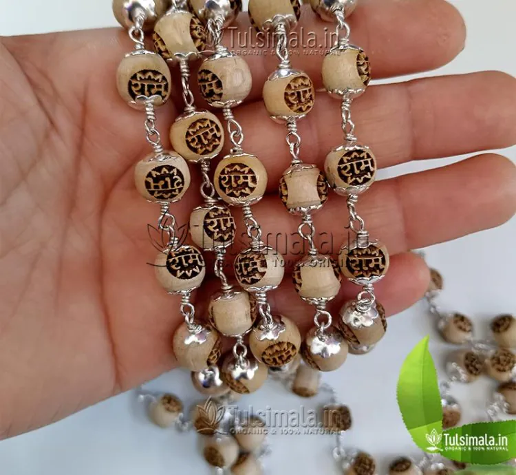 108+1 Beads Shri Ram Name Engraved Pure Silver Tulsi Mala