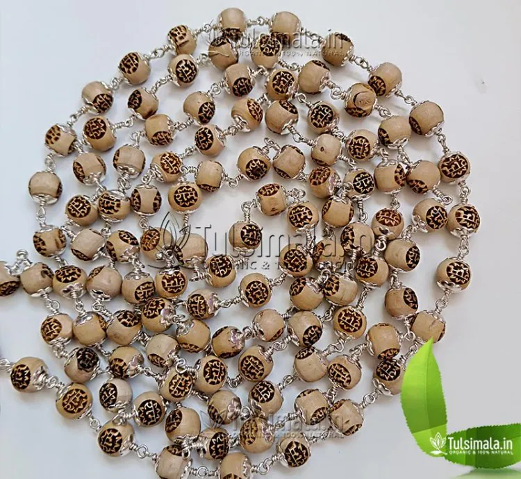 108+1 Beads Shri Ram Name Engraved Pure Silver Tulsi Mala